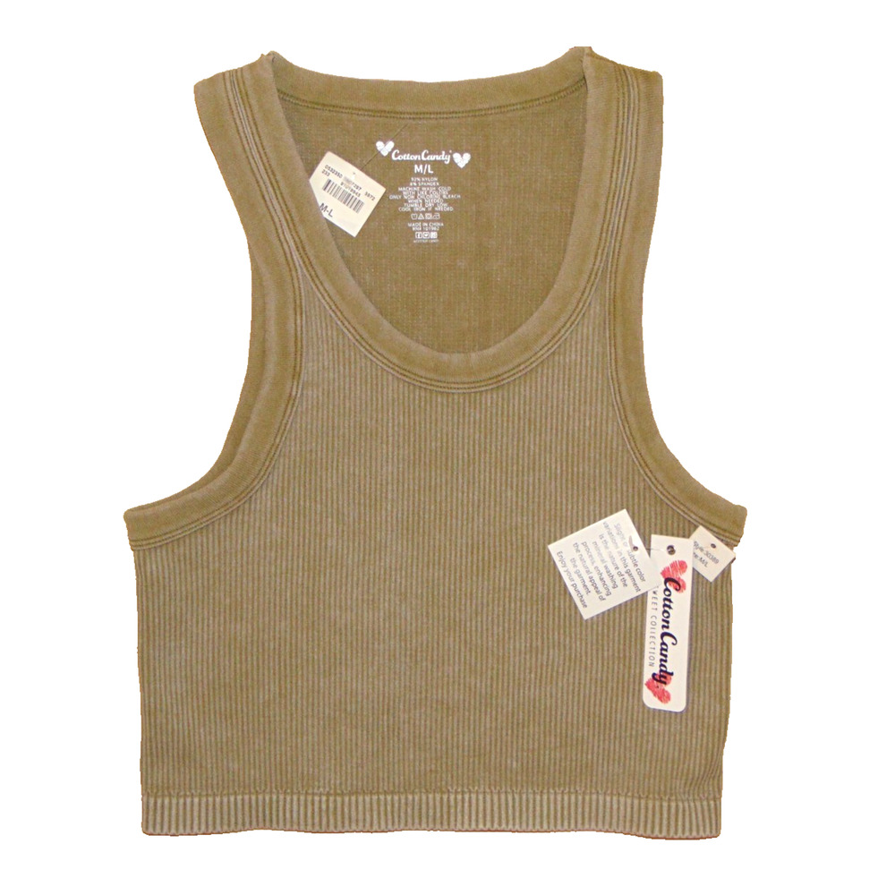 Cotton Candy Sweet Collection NWT M/L Ribbed Crop Tank Mineral Wash Olive Tan